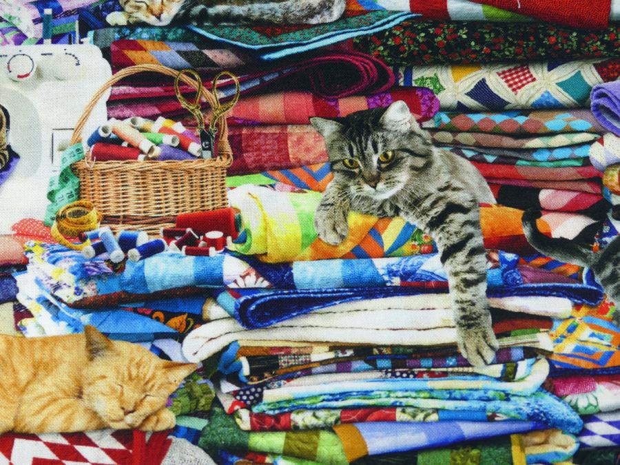 Preview: Patchwork Stoff Nähkorb, Katzen, Stoffe von Timeless Treasures